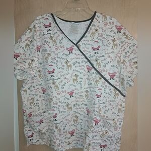 Rudolph The Red-Nosed Reindeer Womens Scrub Top White Pink XL Christmas Holiday